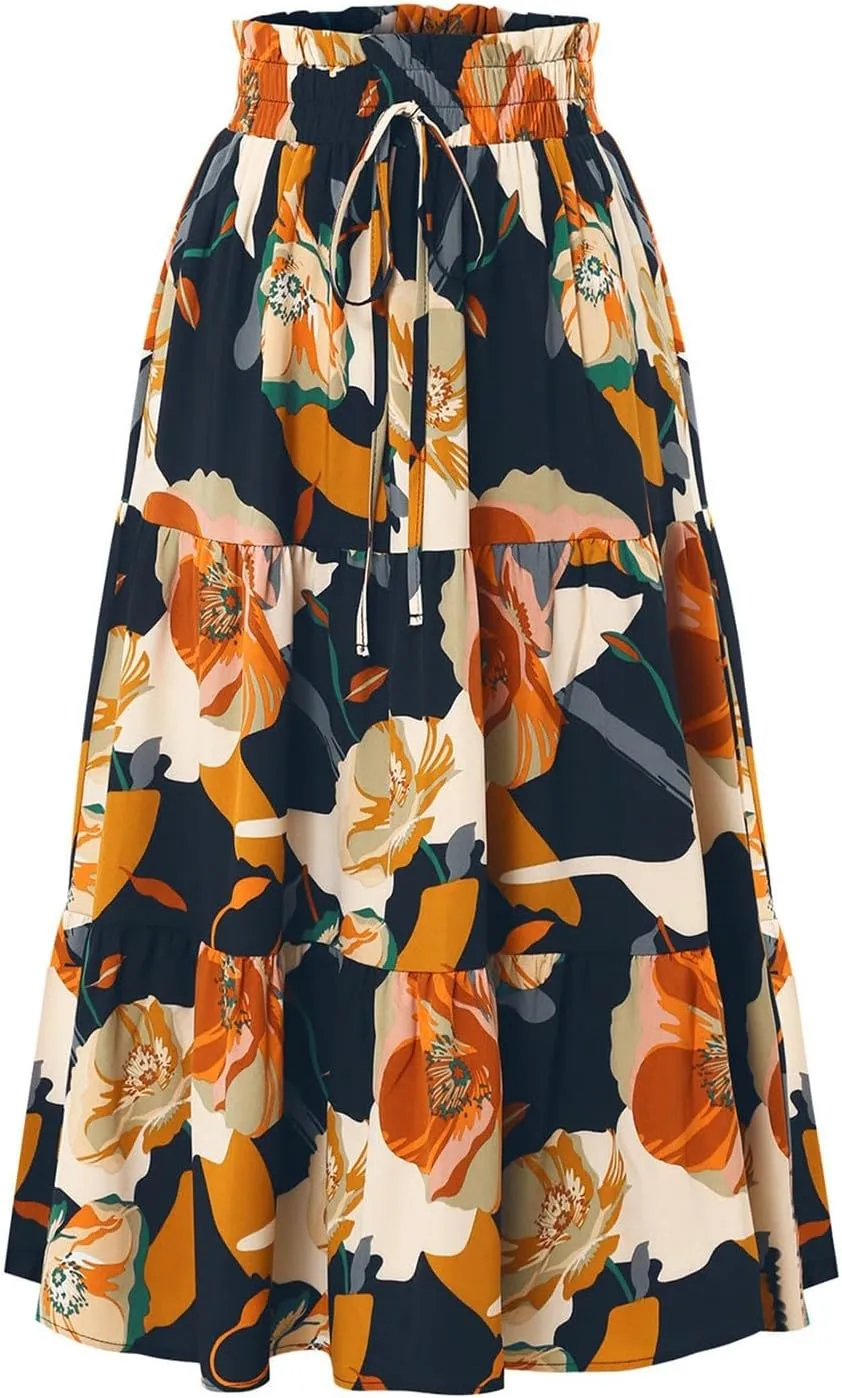 Spring Skirts for Women 2025 Floral Beach Midi Skirt Flowy Tiered Elastic High Waisted Skirts Swing A Line Skirt