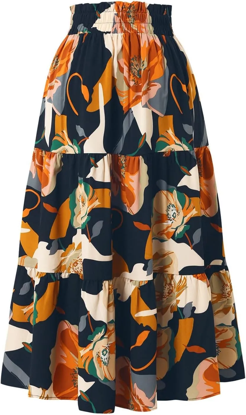Spring Skirts for Women 2025 Floral Beach Midi Skirt Flowy Tiered Elastic High Waisted Skirts Swing A Line Skirt