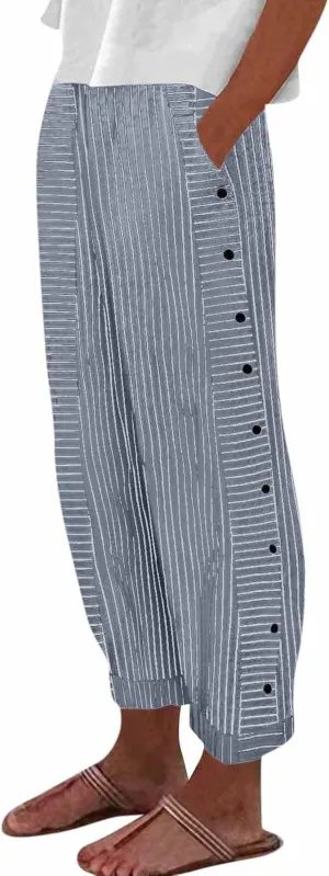 Straight Leg Linen Pants Women 2025 Trendy Side Button Striped Pants Summer Casual High Wasited Y2k Pants with Pocket
