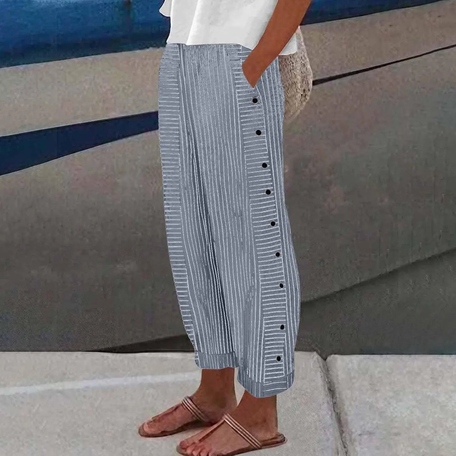 Straight Leg Linen Pants Women 2025 Trendy Side Button Striped Pants Summer Casual High Wasited Y2k Pants with Pocket