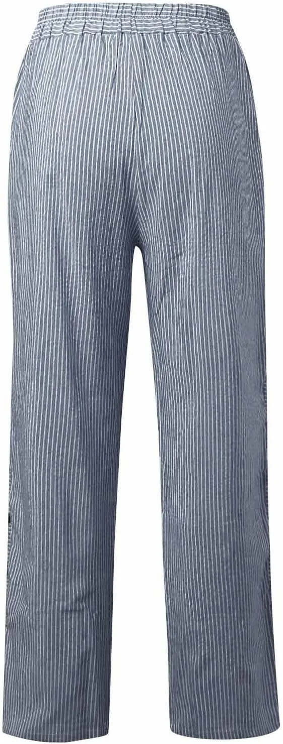 Straight Leg Linen Pants Women 2025 Trendy Side Button Striped Pants Summer Casual High Wasited Y2k Pants with Pocket