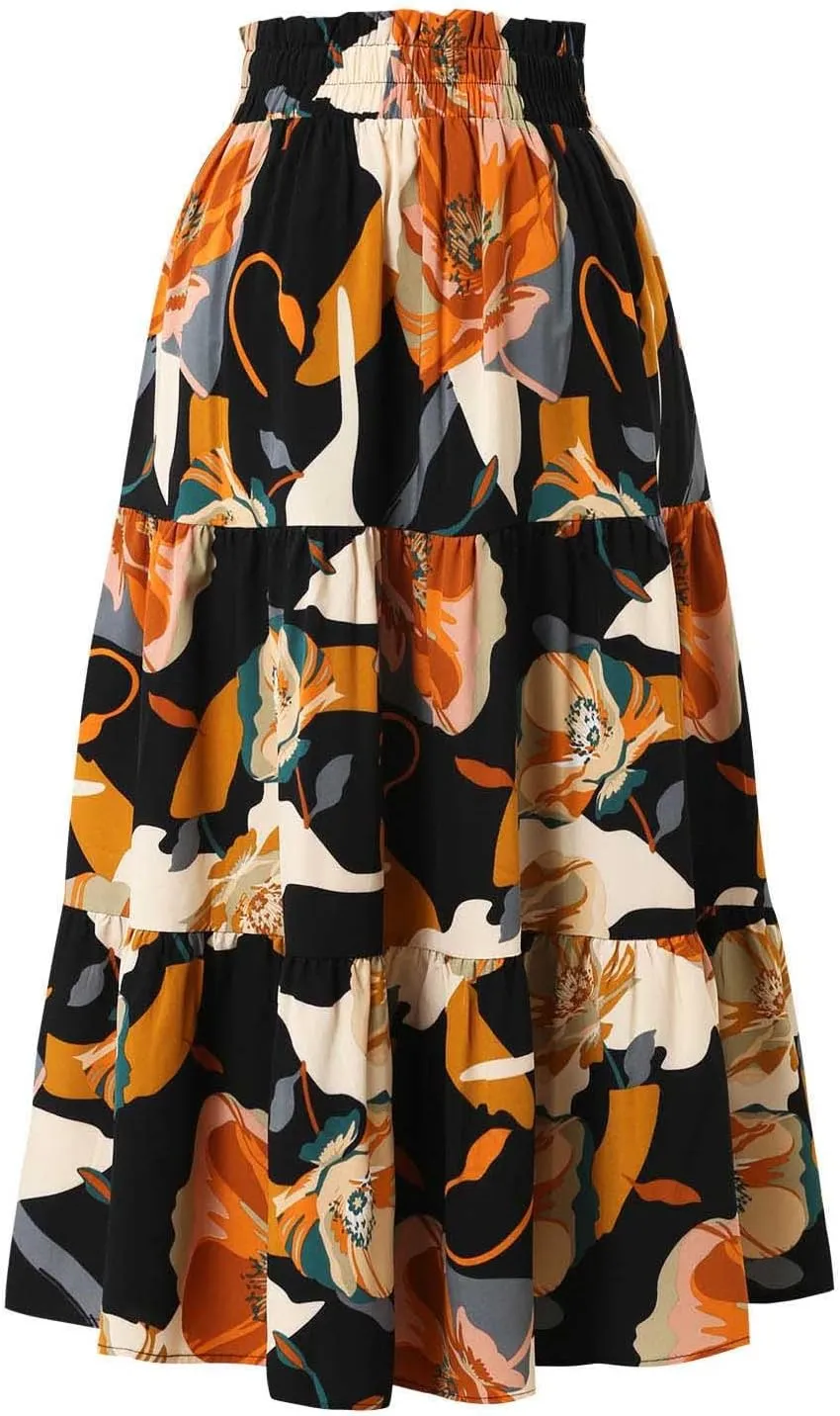 Summer Boho Floral Print Casual Skirt for Women, Fashion Drawstring Ruched Tiered Midi Skirts Elastic Comfy Flowy Clothes