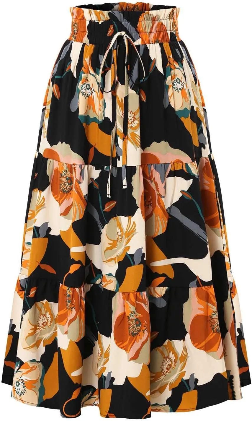 Summer Boho Floral Print Casual Skirt for Women, Fashion Drawstring Ruched Tiered Midi Skirts Elastic Comfy Flowy Clothes