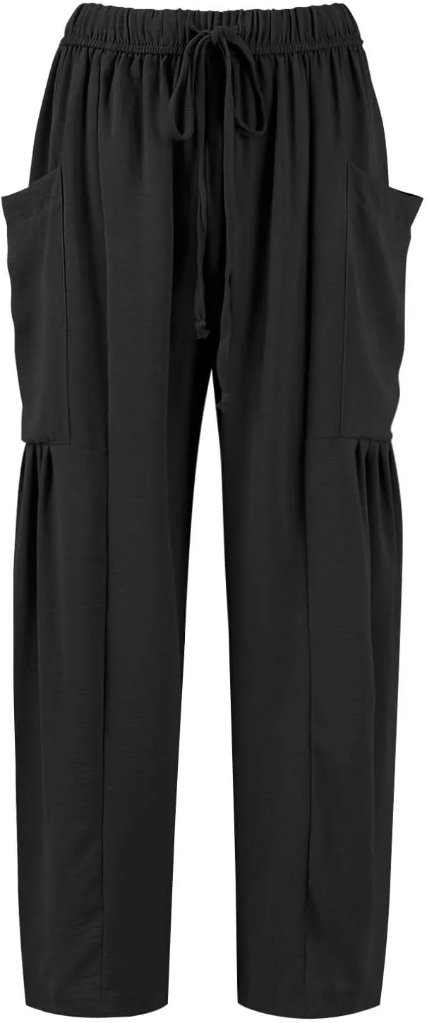 Summer Casual Pants for Women Linen Drawstring Loose Wide Leg Pants Flowy High Waisted Solid 2025 Trouser Multi-Pocket