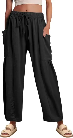 Summer Casual Pants for Women Linen Drawstring Loose Wide Leg Pants Flowy High Waisted Solid 2025 Trouser Multi-Pocket