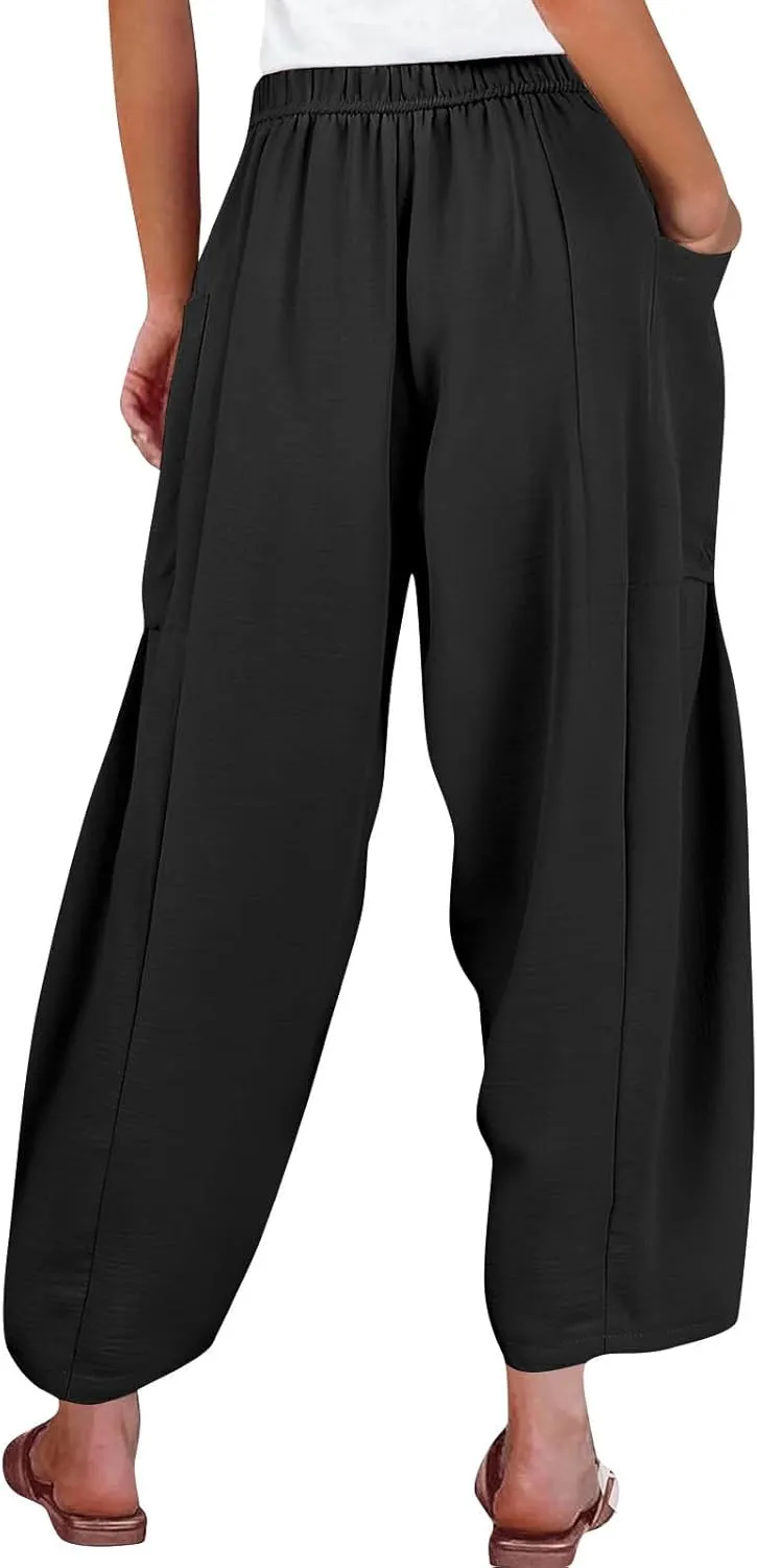 Summer Casual Pants for Women Linen Drawstring Loose Wide Leg Pants Flowy High Waisted Solid 2025 Trouser Multi-Pocket