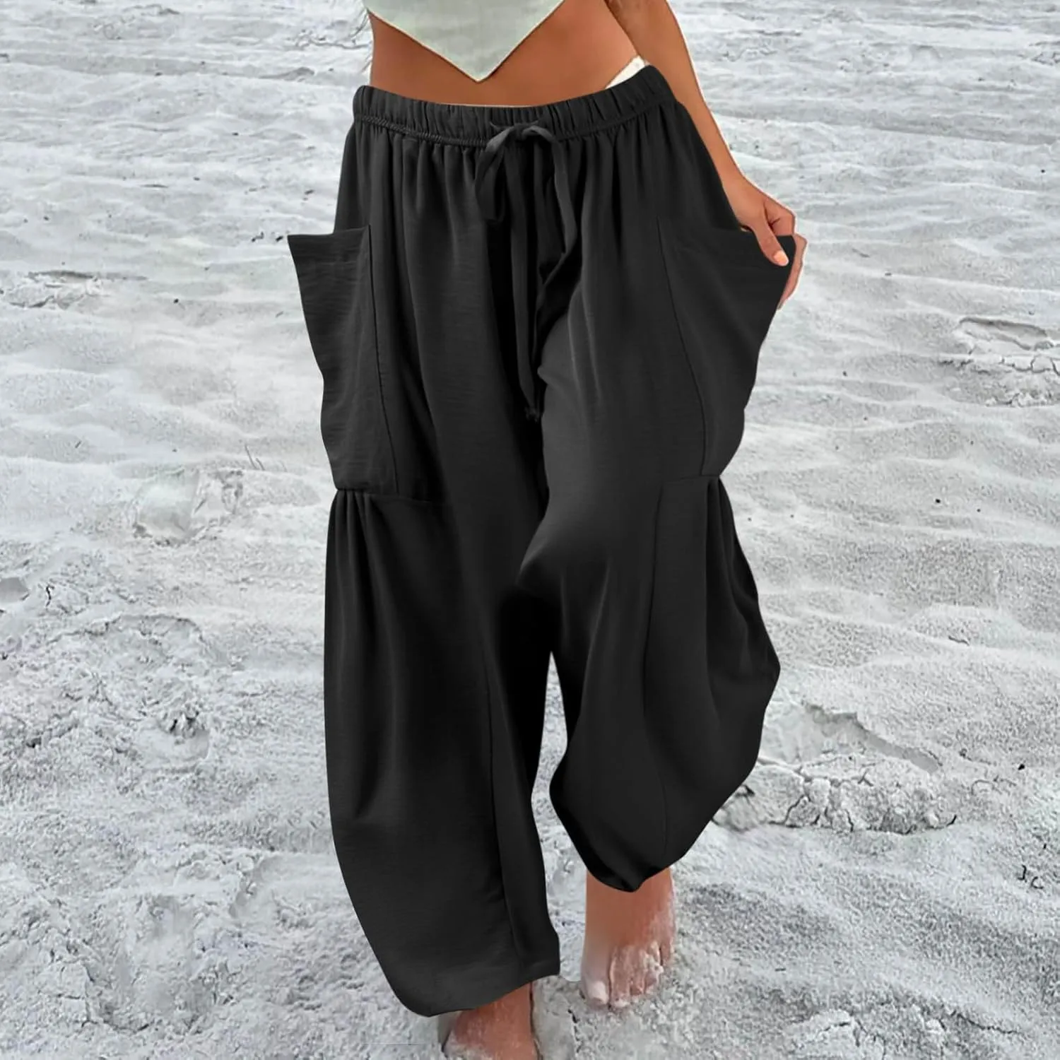Summer Casual Pants for Women Linen Drawstring Loose Wide Leg Pants Flowy High Waisted Solid 2025 Trouser Multi-Pocket