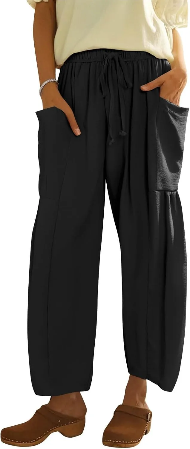 Summer Casual Pants for Women Linen Drawstring Loose Wide Leg Pants Flowy High Waisted Solid 2025 Trouser Multi-Pocket