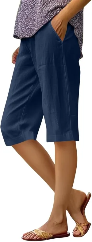 Summer Linen Pants for Women Waist Cotton Trouser Cropped Wide Leg Pants Cropped Linen Pants