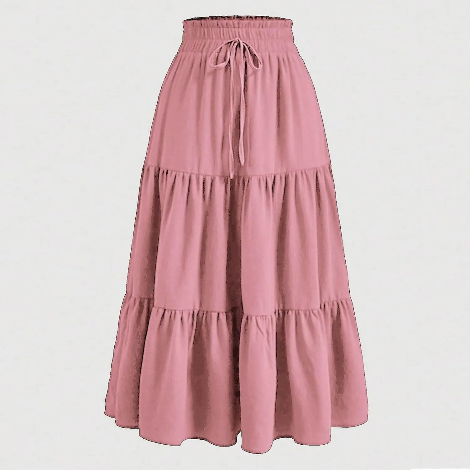 Summer Long Skirts for Women Casual Drawstring High Waist Lightweight Tiered Flowy Pleated Skirts with Pocket