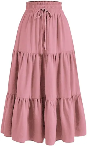 Summer Long Skirts for Women Casual Drawstring High Waist Lightweight Tiered Flowy Pleated Skirts with Pocket