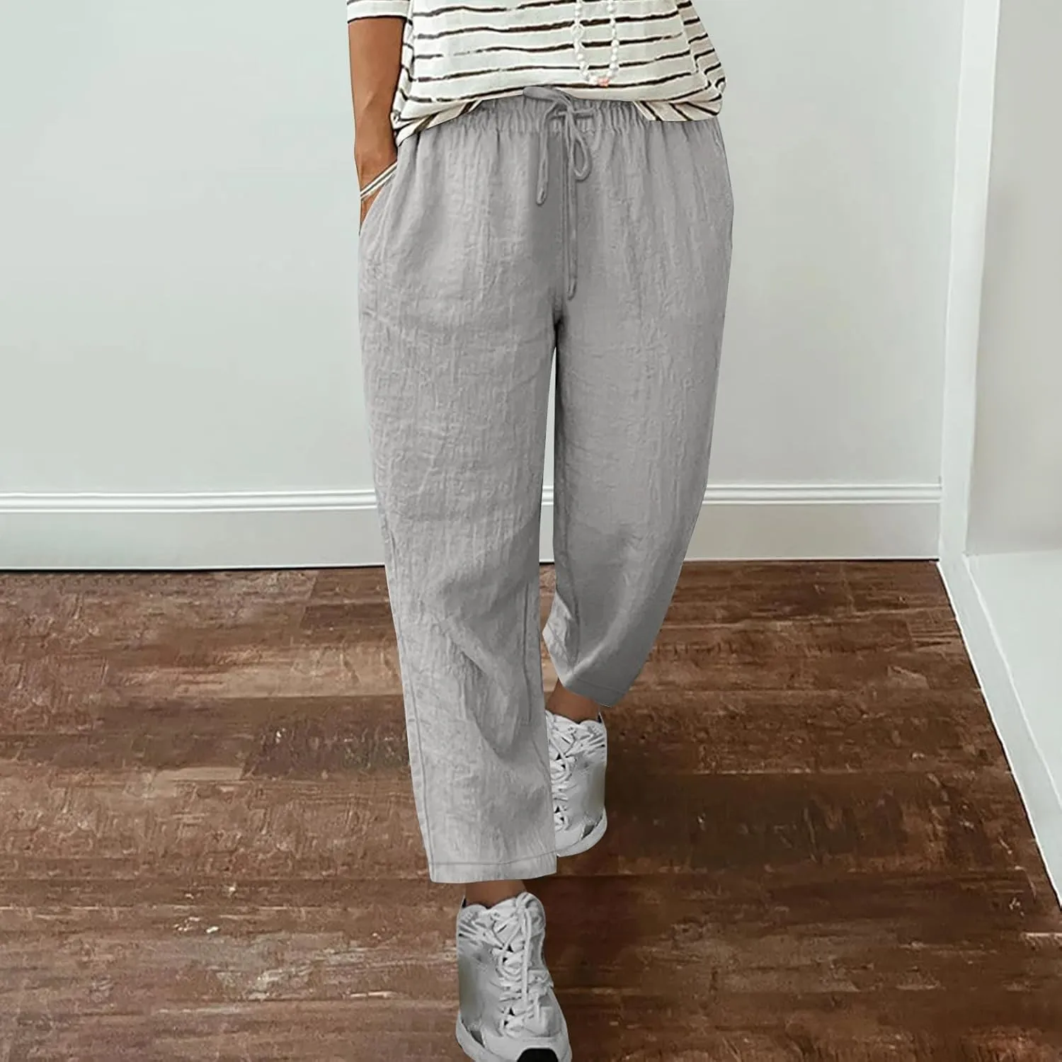 Summer Pants for Women Lace-Up Elastic High Waist Cotton Linen Trouser Casual Loose Fit Straight Leg Capri Pants