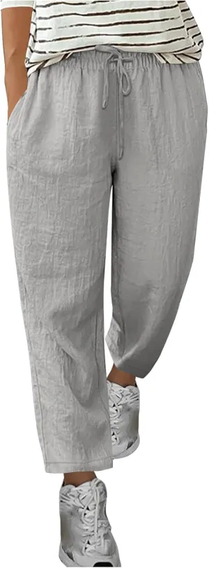 Summer Pants for Women Lace-Up Elastic High Waist Cotton Linen Trouser Casual Loose Fit Straight Leg Capri Pants