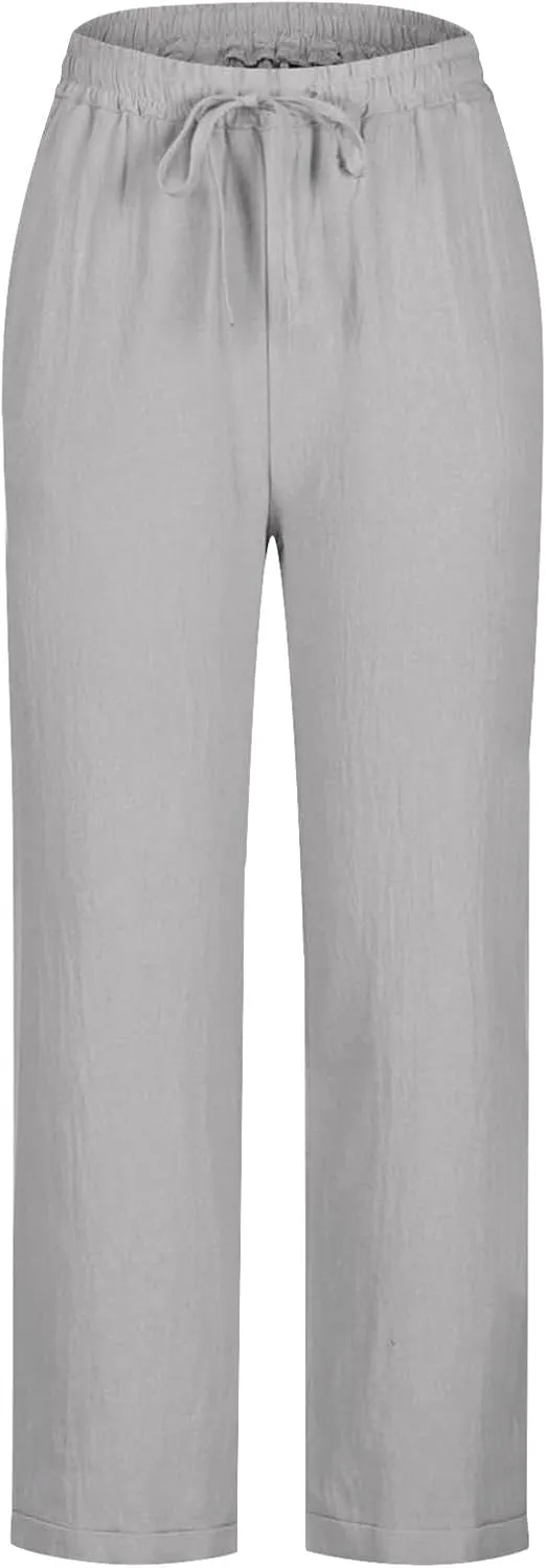 Summer Pants for Women Lace-Up Elastic High Waist Cotton Linen Trouser Casual Loose Fit Straight Leg Capri Pants