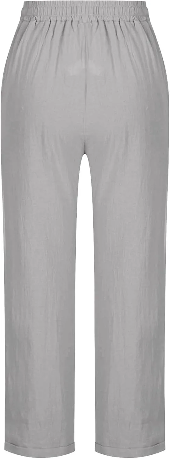 Summer Pants for Women Lace-Up Elastic High Waist Cotton Linen Trouser Casual Loose Fit Straight Leg Capri Pants
