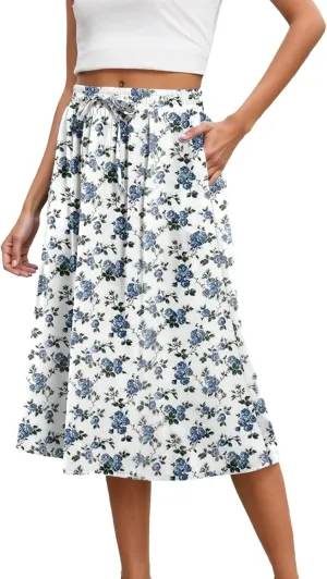Summer Skirts for Women 2025 Casual Elastic Waist Midi Skorts Comfort Lightweight Drawstring Maxi Skorts with Pockets