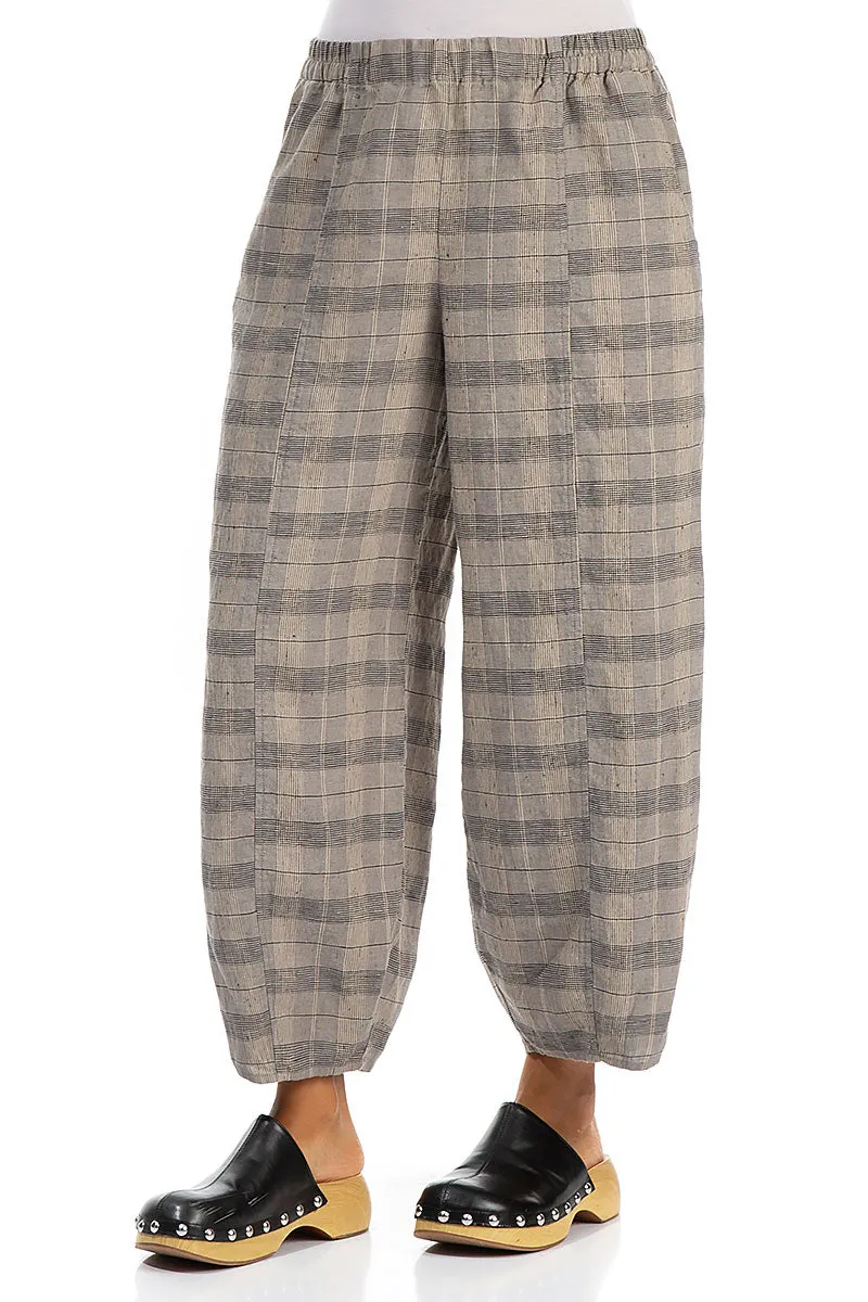 Taper Greige Check Linen Trousers