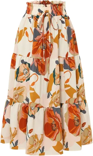 Tiered Maxi Skirts for Women Comfy Ruffle Hem Flowy Swing Elastic High Waisted Long Skorts Summer Cover Ups