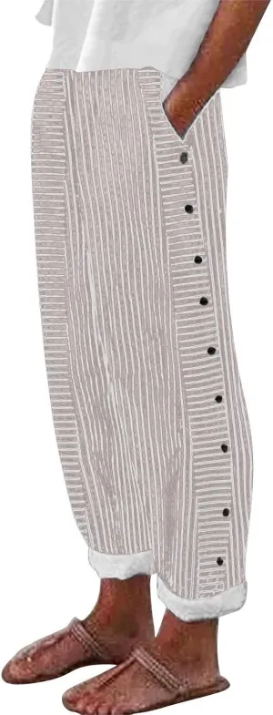 Trousers Pants for Women Vacation s Waist Side Back Four Pockets Buttoned 9/10 Pants Linen Blend Pants