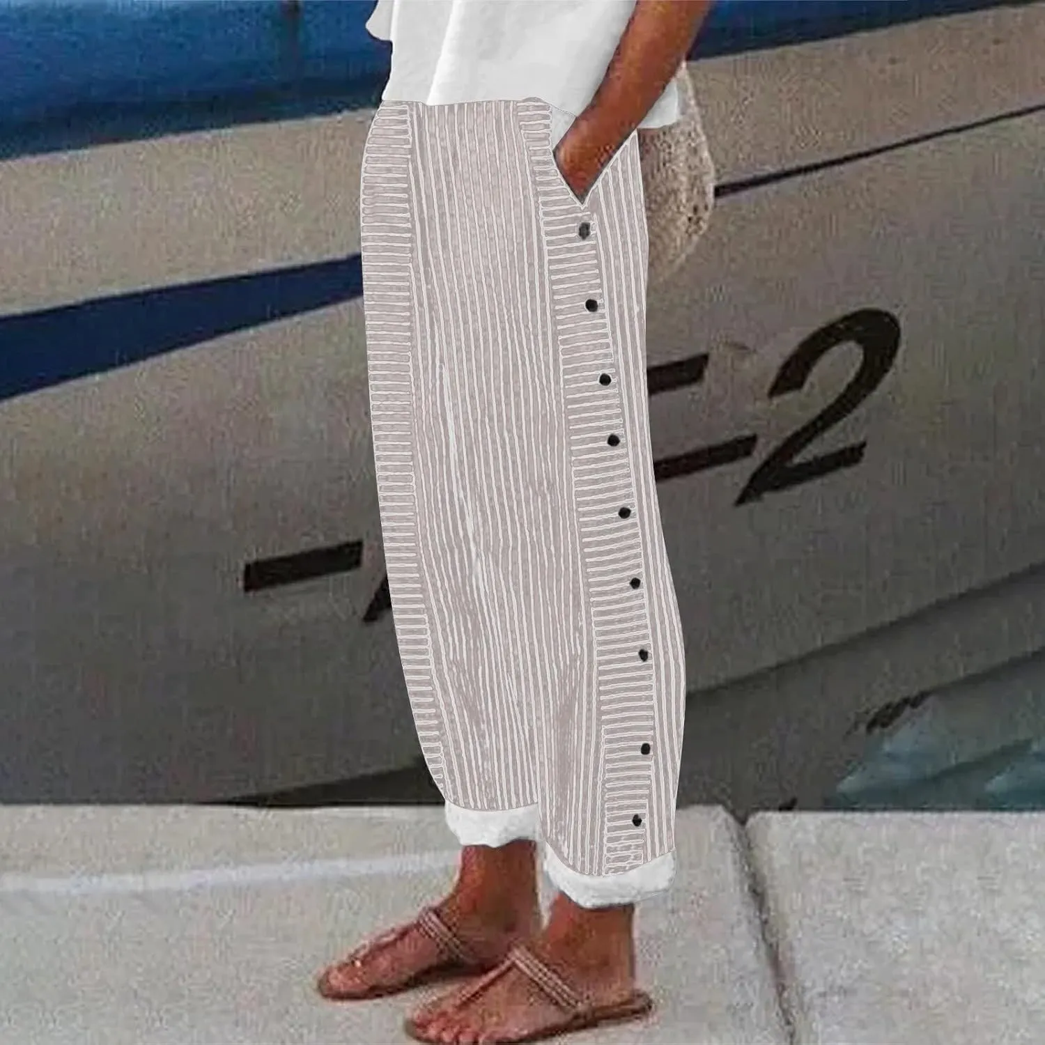 Trousers Pants for Women Vacation s Waist Side Back Four Pockets Buttoned 9/10 Pants Linen Blend Pants