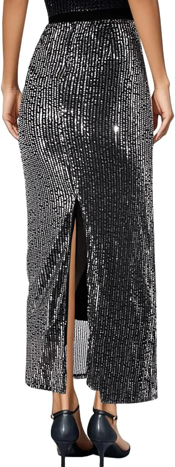 TYNORA Women's Shiny Sequin High Waisted Maxi Skirts Bodycon Long Mermaid Skirt Formal Skirts Dance Party Dress