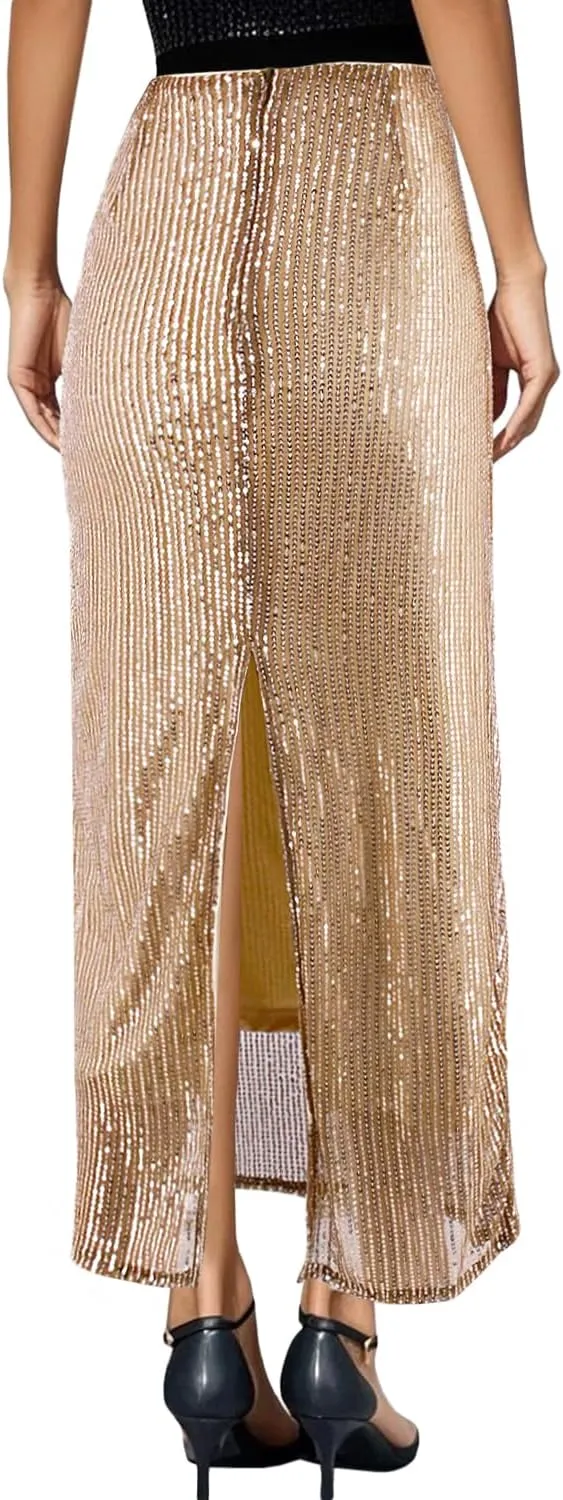 TYNORA Women's Shiny Sequin High Waisted Maxi Skirts Bodycon Long Mermaid Skirt Formal Skirts Dance Party Dress