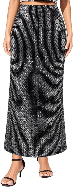 TYNORA Women's Shiny Sequin High Waisted Maxi Skirts Bodycon Long Mermaid Skirt Formal Skirts Dance Party Dress