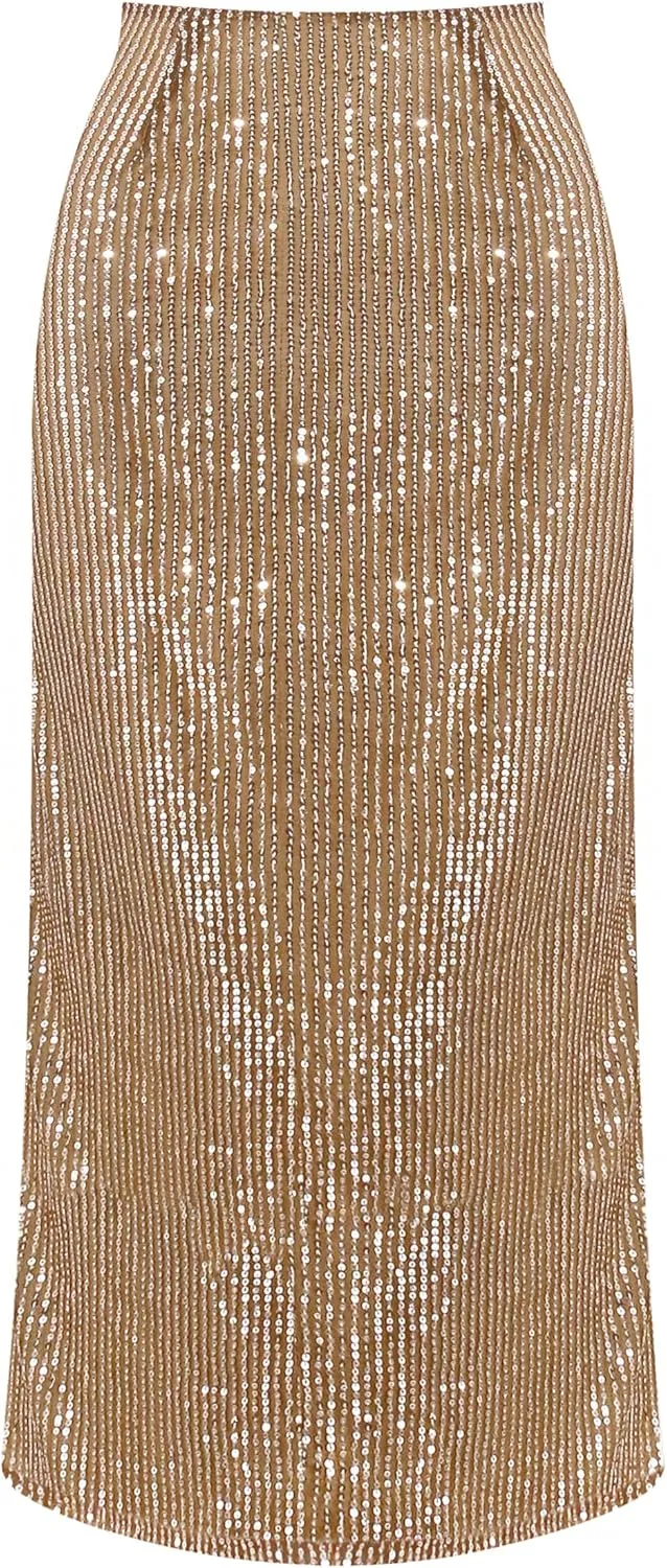 TYNORA Women's Shiny Sequin High Waisted Maxi Skirts Bodycon Long Mermaid Skirt Formal Skirts Dance Party Dress