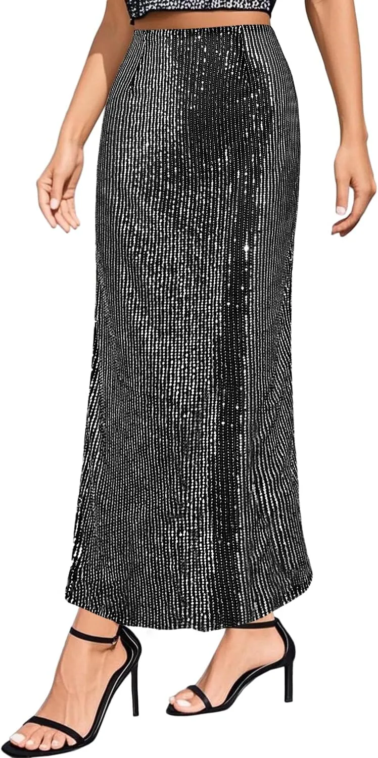 TYNORA Women's Shiny Sequin High Waisted Maxi Skirts Bodycon Long Mermaid Skirt Formal Skirts Dance Party Dress