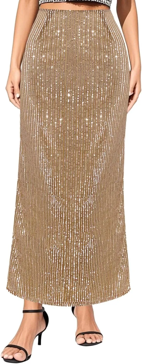 TYNORA Women's Shiny Sequin High Waisted Maxi Skirts Bodycon Long Mermaid Skirt Formal Skirts Dance Party Dress