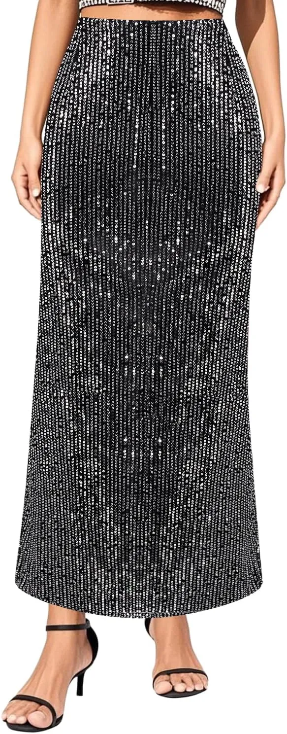 TYNORA Women's Shiny Sequin High Waisted Maxi Skirts Bodycon Long Mermaid Skirt Formal Skirts Dance Party Dress