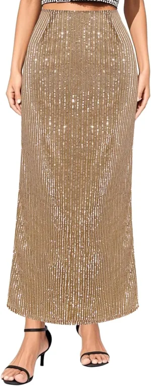 TYNORA Women's Shiny Sequin High Waisted Maxi Skirts Bodycon Long Mermaid Skirt Formal Skirts Dance Party Dress