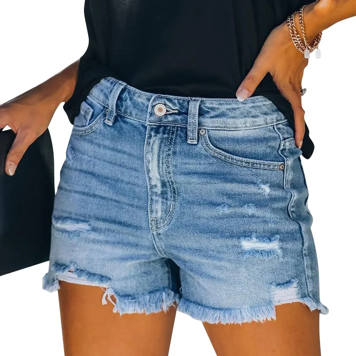 vanberfia Women's Stretchy Denim Mid Rise Jean Shorts with Pockets