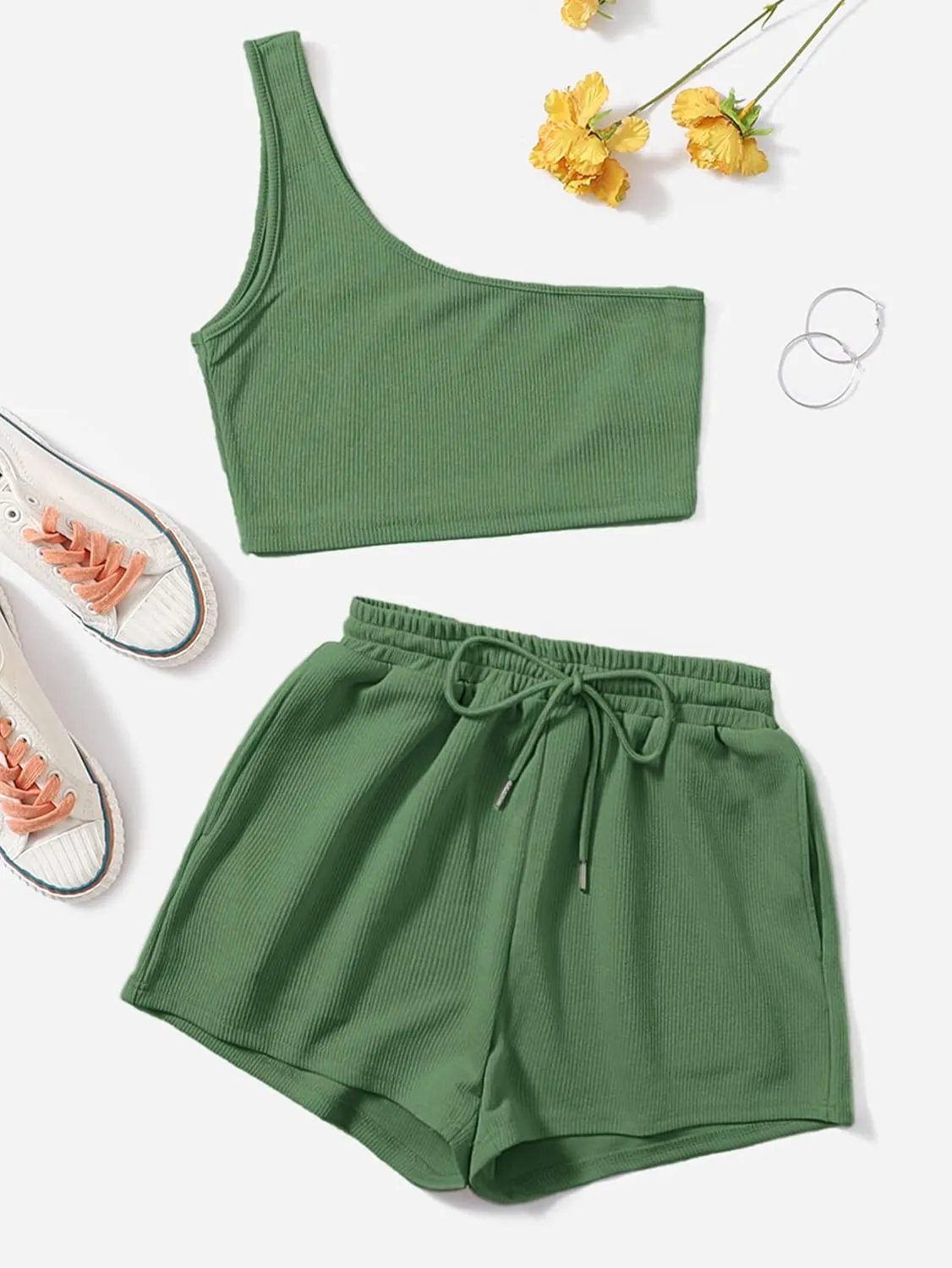 Verdusa Women's One Shoulder Tank Top and Lounge Shorts 2 Piece Tracksuit Set