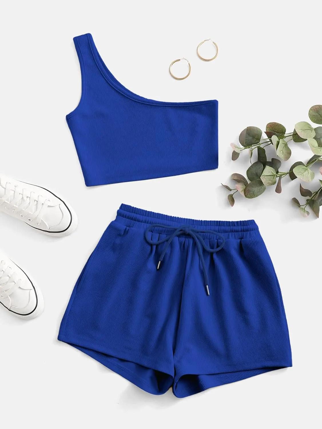 Verdusa Women's One Shoulder Tank Top and Lounge Shorts 2 Piece Tracksuit Set