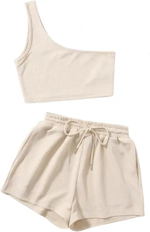 Verdusa Women's One Shoulder Tank Top and Lounge Shorts 2 Piece Tracksuit Set