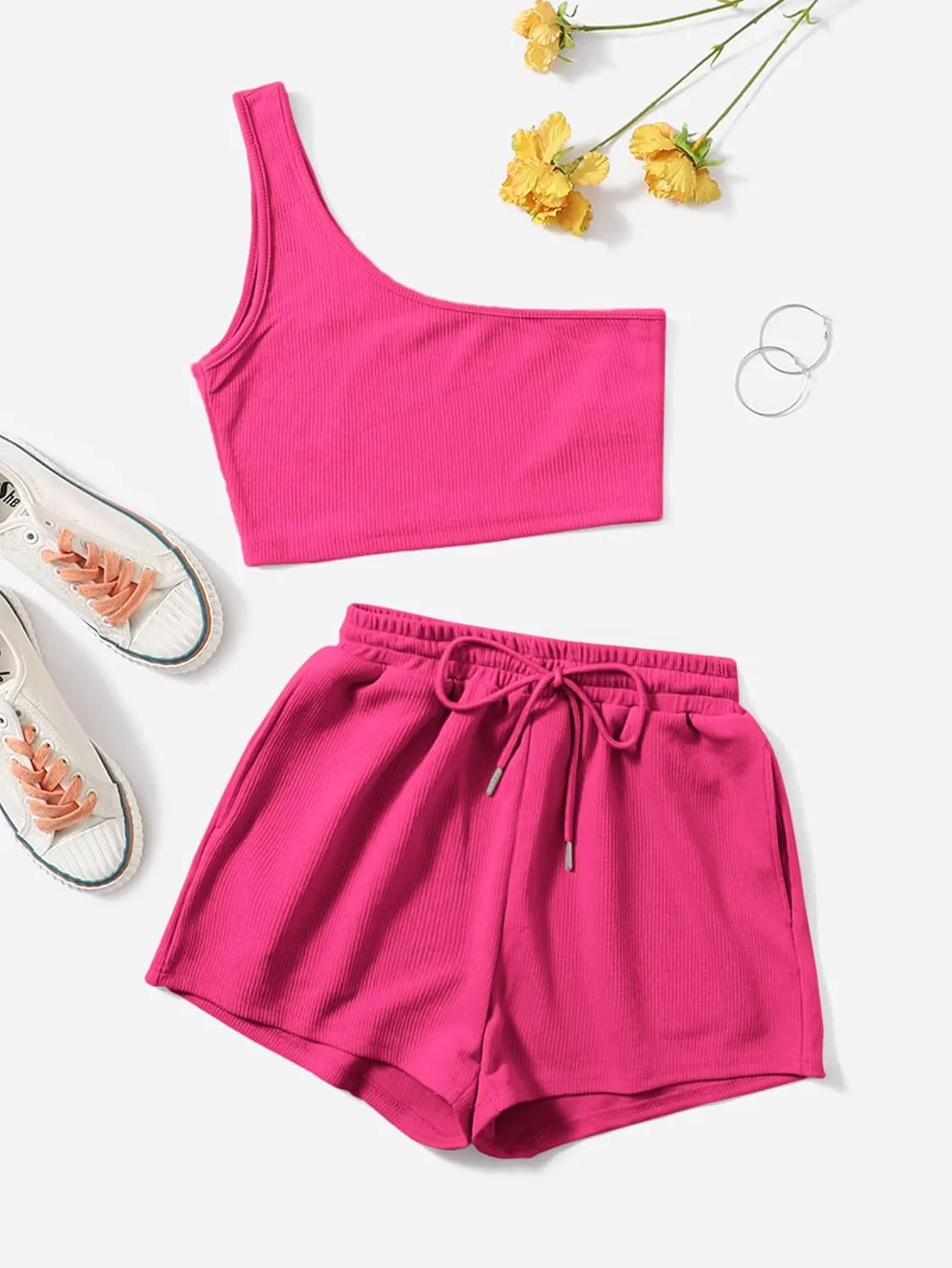 Verdusa Women's One Shoulder Tank Top and Lounge Shorts 2 Piece Tracksuit Set