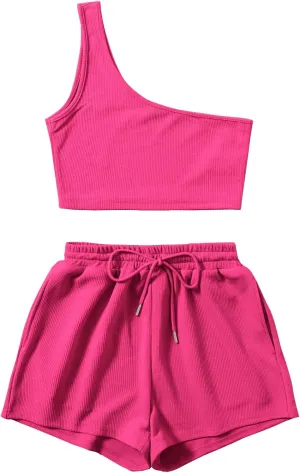 Verdusa Women's One Shoulder Tank Top and Lounge Shorts 2 Piece Tracksuit Set
