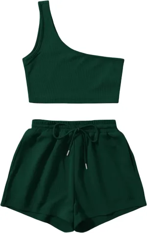 Verdusa Women's One Shoulder Tank Top and Lounge Shorts 2 Piece Tracksuit Set
