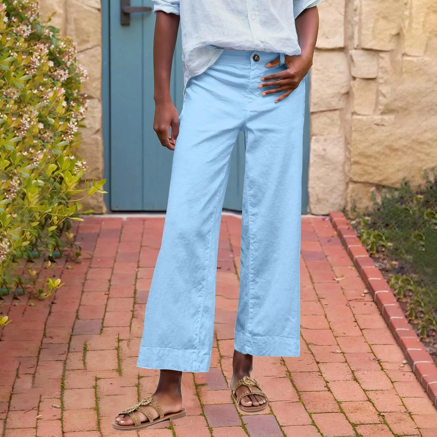 Wide Leg Dress Pants for Women High Waisted Business Work Casual Pants Summer Comfy Cropped Linen Palazzo Trousers