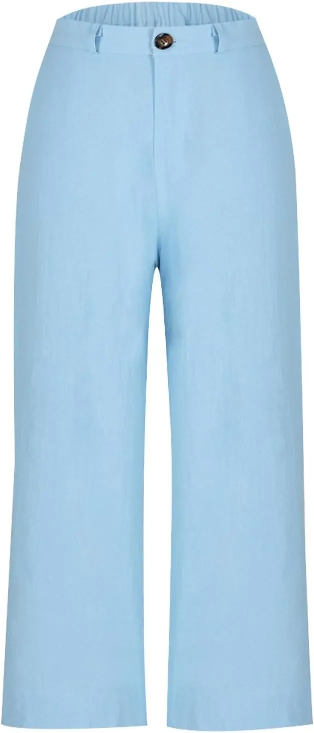 Wide Leg Dress Pants for Women High Waisted Business Work Casual Pants Summer Comfy Cropped Linen Palazzo Trousers