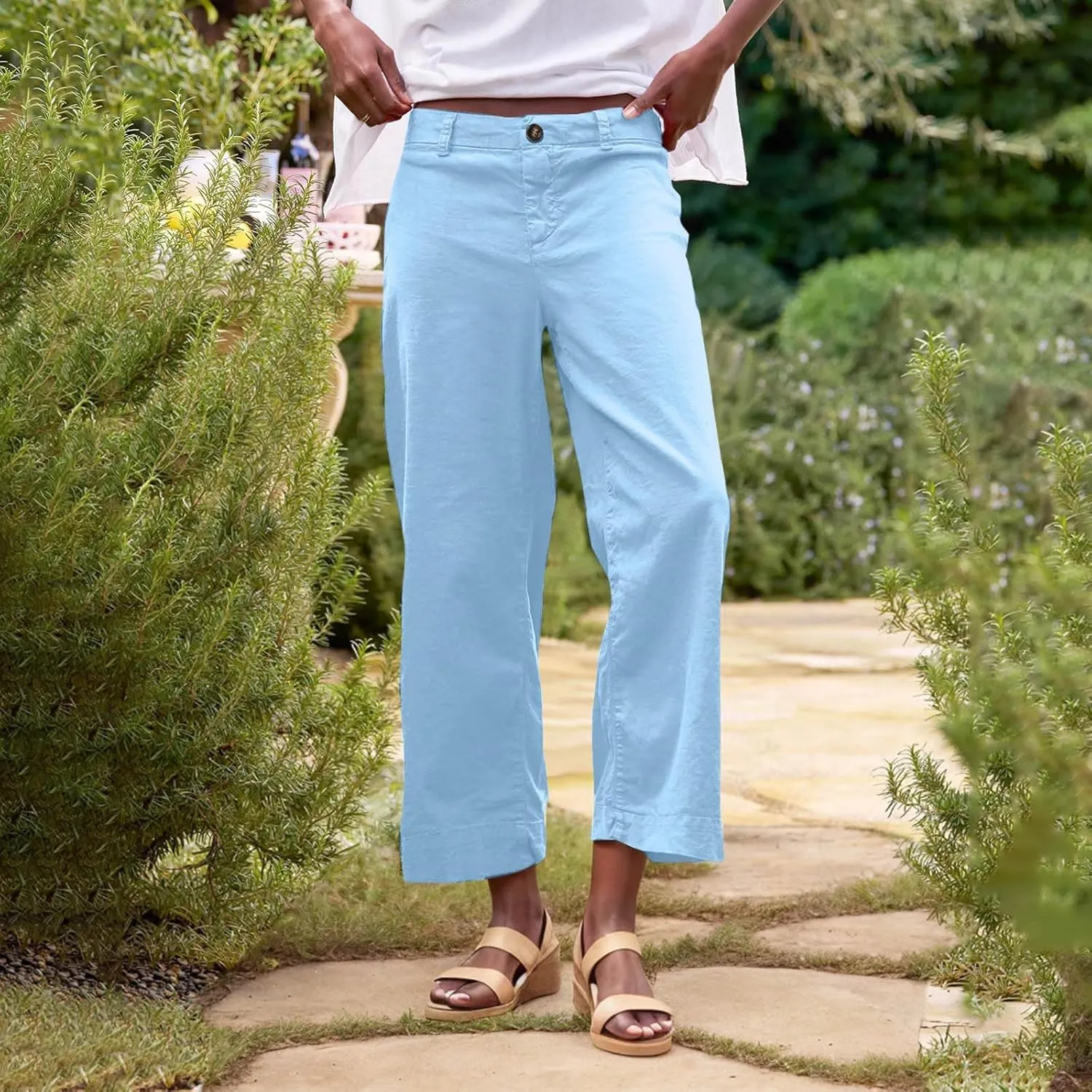 Wide Leg Dress Pants for Women High Waisted Business Work Casual Pants Summer Comfy Cropped Linen Palazzo Trousers