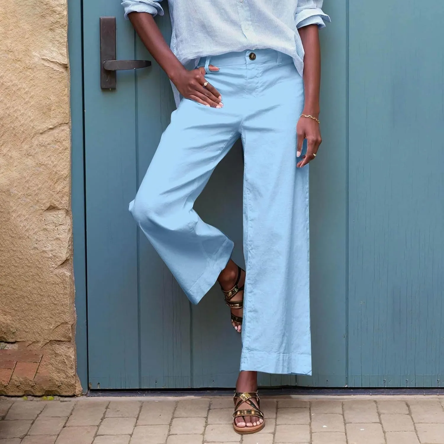 Wide Leg Dress Pants for Women High Waisted Business Work Casual Pants Summer Comfy Cropped Linen Palazzo Trousers