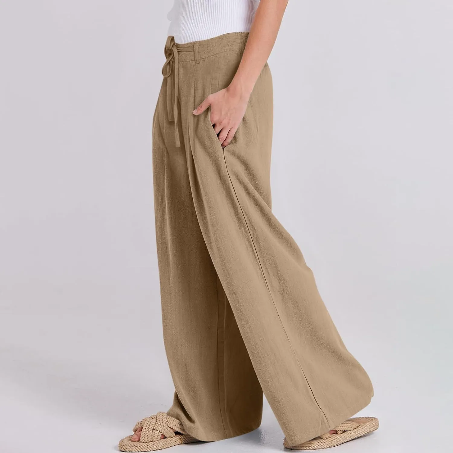 Wide Leg Linen Pants for Women Pleated Drawstring High Waisted Palazzo Pants Comfy Lounge Work Trousers with Pockets