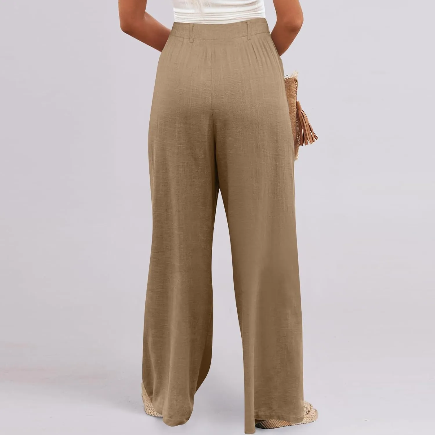 Wide Leg Linen Pants for Women Pleated Drawstring High Waisted Palazzo Pants Comfy Lounge Work Trousers with Pockets