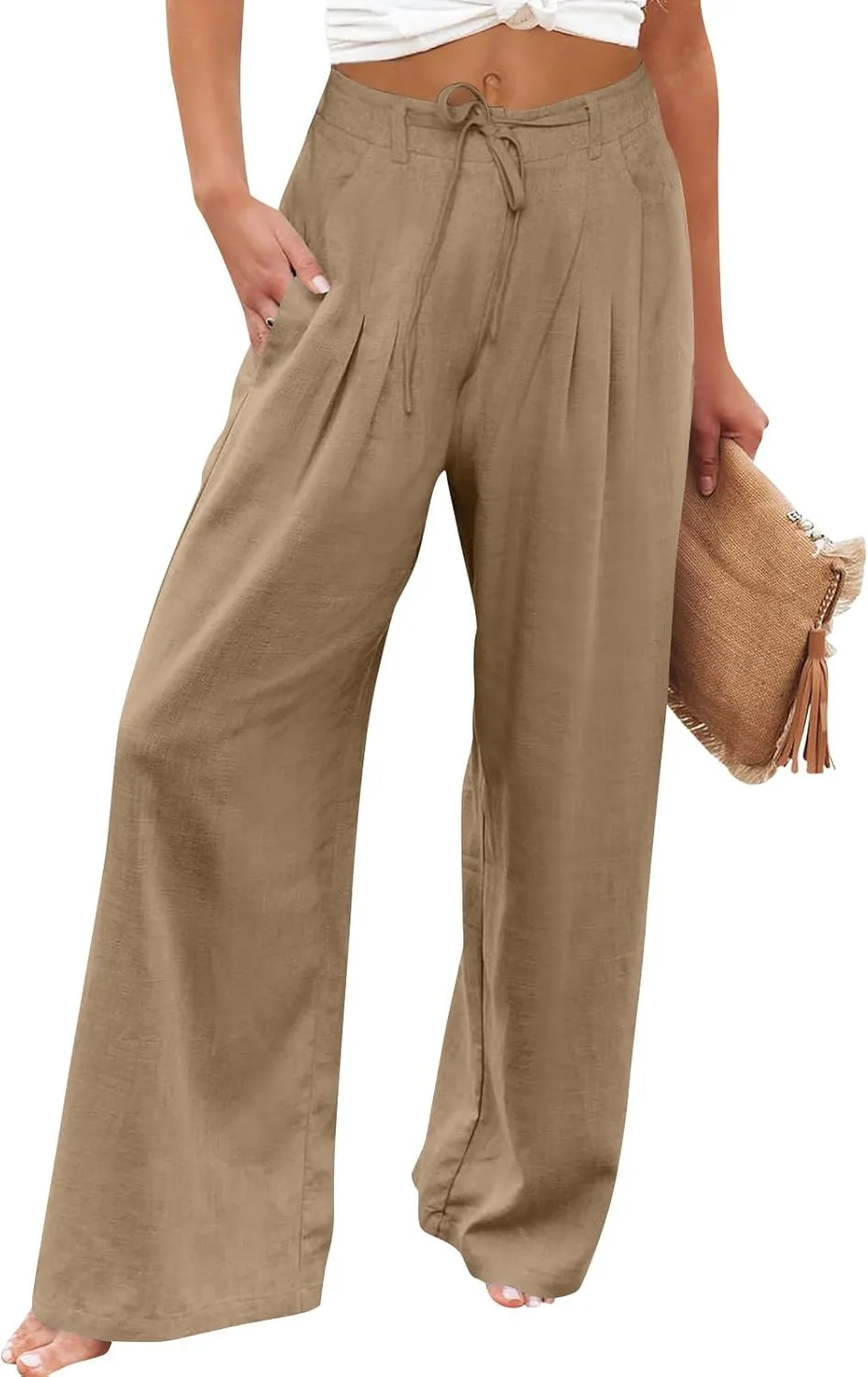Wide Leg Linen Pants for Women Pleated Drawstring High Waisted Palazzo Pants Comfy Lounge Work Trousers with Pockets