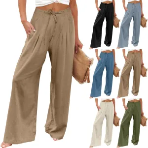 Wide Leg Linen Pants for Women Pleated Drawstring High Waisted Palazzo Pants Comfy Lounge Work Trousers with Pockets