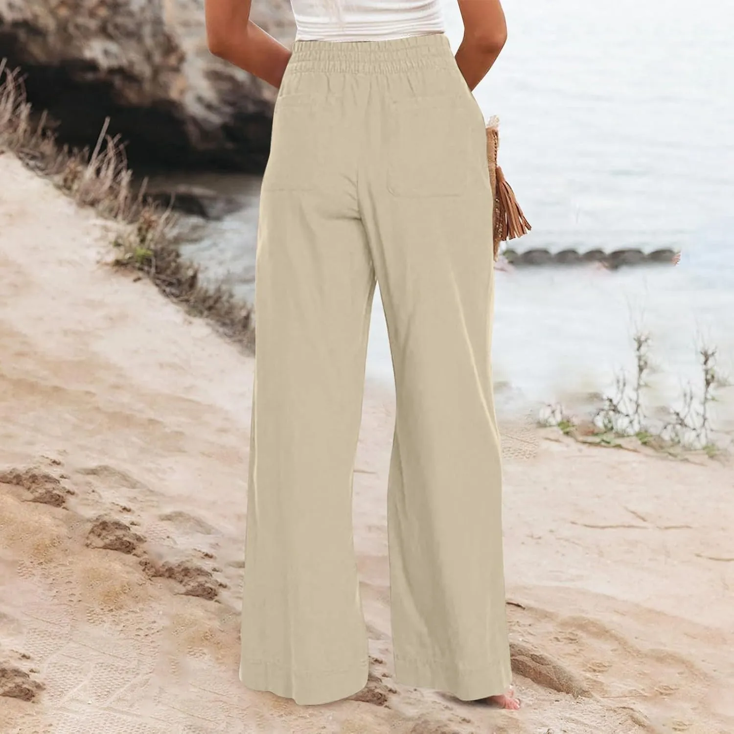 Wide Leg Linen Pants for Women Summer Boho Flowy Beach Pants Loose Fit High Waisted Casual Travel Pants with Pockets