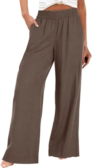 Wide Leg Linen Pants for Women Summer Boho Flowy Beach Pants Loose Fit High Waisted Casual Travel Pants with Pockets