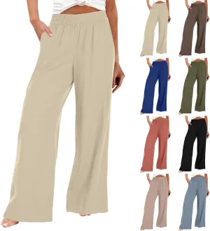 Wide Leg Linen Pants for Women Summer Boho Flowy Beach Pants Loose Fit High Waisted Casual Travel Pants with Pockets